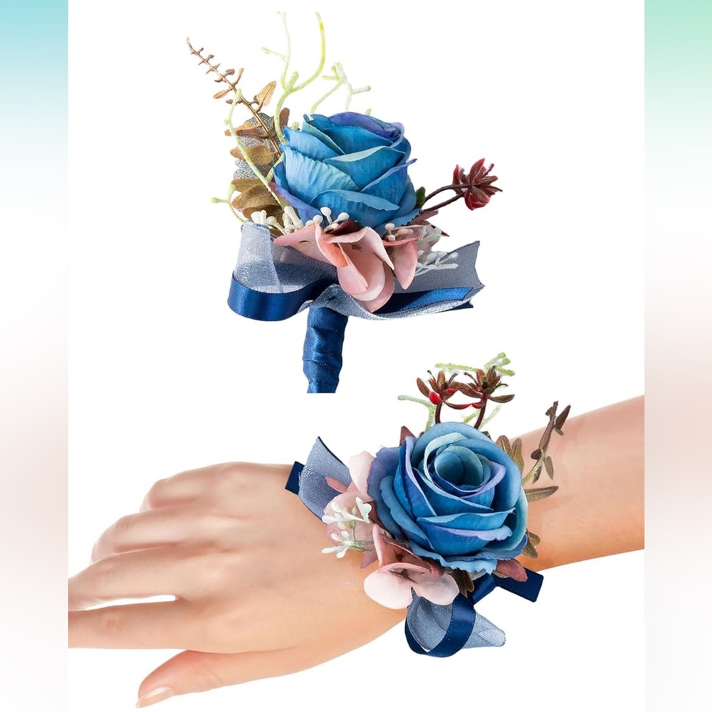 NWT (2) Wedding Wrist Blue Pink Roses Corsage Boutonniere  Pack Flower Lapel Pin